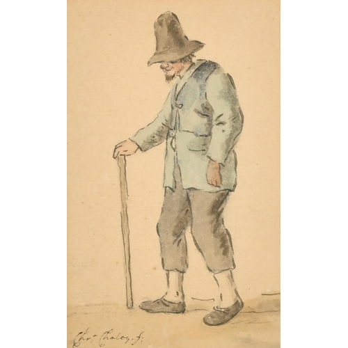 26 - Christina Chalon (1748-1808) French. Man Walking with a Stick, Watercolour and Ink, Signed, 4.75