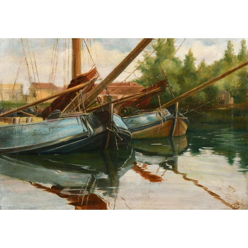 288 - Late 19th Century English School. 'Moored Barges on the River', Oil on Canvas, Signed with Monogram ... 