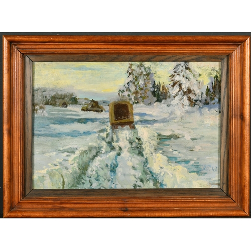 289 - 20th Century English School. Tanks and Army Wagons in a Snow Covered Landscape, Oil on Board, with i... 