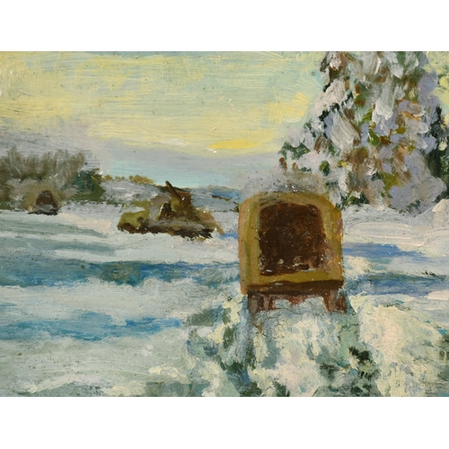 289 - 20th Century English School. Tanks and Army Wagons in a Snow Covered Landscape, Oil on Board, with i... 