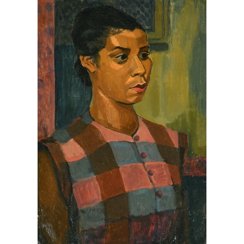 298 - Early 20th Century English School. Portrait of a Lady wearing a checked Shirt, circa 1930, Oil on Bo... 