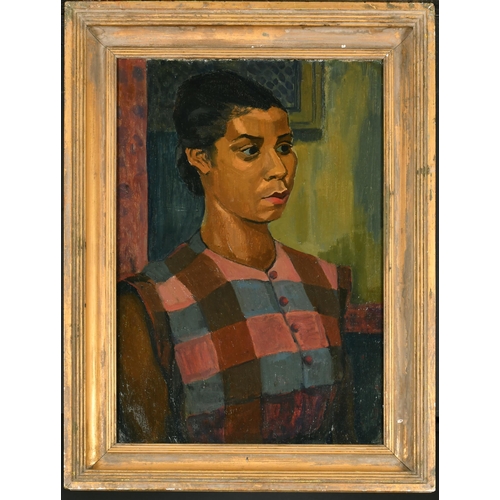 298 - Early 20th Century English School. Portrait of a Lady wearing a checked Shirt, circa 1930, Oil on Bo... 