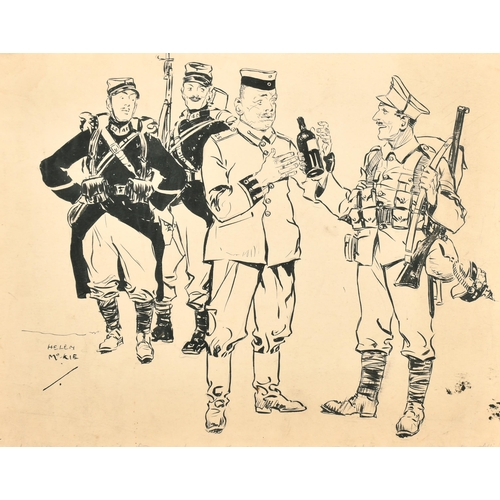 304 - Helen McKie (1889-1957) British. Soldiers Sharing a Bottle of Wine, Ink, Signed, Unframed 10.5