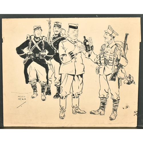 304 - Helen McKie (1889-1957) British. Soldiers Sharing a Bottle of Wine, Ink, Signed, Unframed 10.5