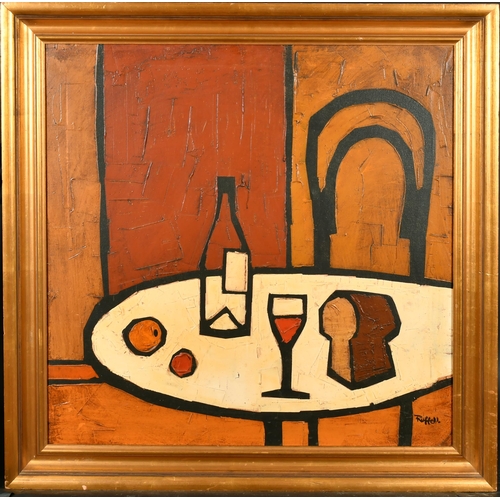 352 - Colin Ruffell (1939-    ) British. Still Life with Bread, Glass and Bottle, Oil on Canvas, Signed, 3... 