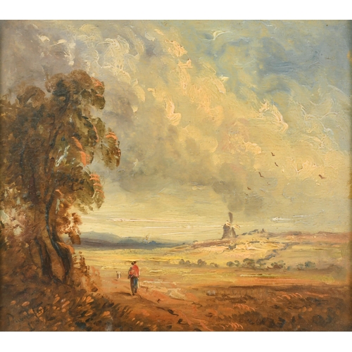 39 - Manner of David Cox (1783-1859) British. Figure in a Landscape with a Windmill in the distance, Oil ... 