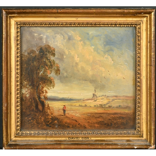 39 - Manner of David Cox (1783-1859) British. Figure in a Landscape with a Windmill in the distance, Oil ... 