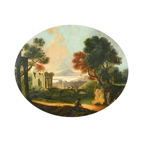 43 - Late 18th Century English School. Figures in a Classical Landscape, Oil on Board, Oval 8.5