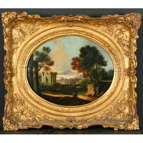 43 - Late 18th Century English School. Figures in a Classical Landscape, Oil on Board, Oval 8.5