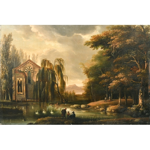 56 - Late 18th Century English School. Swans on a Lake with Figures on a Path and a Church beyond, Oil on... 