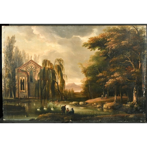 56 - Late 18th Century English School. Swans on a Lake with Figures on a Path and a Church beyond, Oil on... 