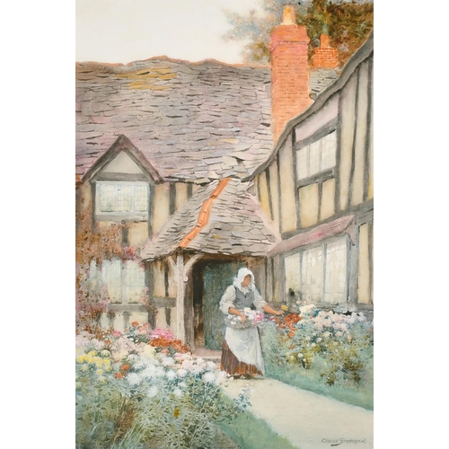 99 - Arthur Claude Strachan (1865-1938) British. A Cottage Scene with a Lady Picking Flowers, Watercolour... 