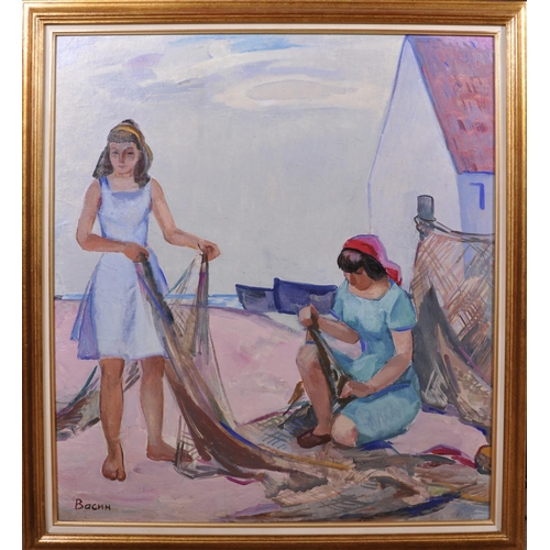 270 - Viktor Fedorovitch Vassine (1919-1997) Russian. “Fishing Nets”, Two Ladies working on the Nets, Oil ... 