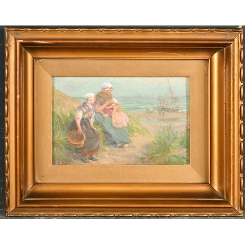 147 - Edith Hume (act.1862-1906) British. A Mother and Children in the Sand Dunes, Oil on panel, Signed, 4... 