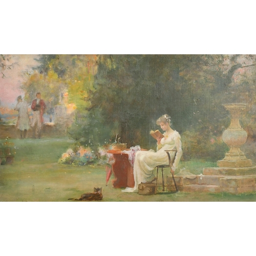 181 - Marcus Clayton Stone (1840-1921) British. An Elegant Lady Reading in a Garden, Oil on artist's Board... 