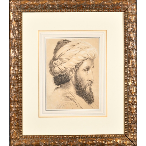 219 - Cecilio Pizarro (1826-1886) Spanish. Portrait of a Turbaned Man in Profile, Chalk, Signed, 12.5