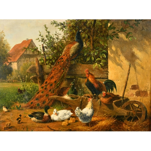 233 - Carl Jutz (1838-1916) German. A Farm Scene with a Peacock, Chickens and Ducks, Oil on panel, Signed,... 