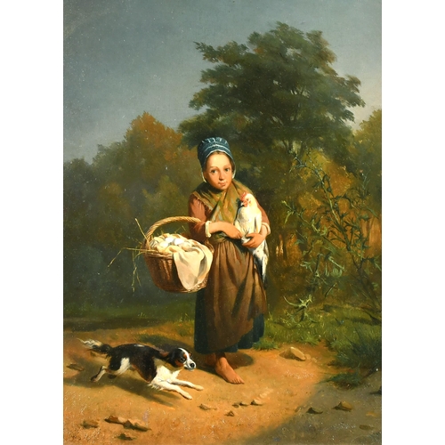 237 - 19th Century European School. A Farm Girl with a Chicken and a Dog, Oil on panel, Indistinctly Signe... 