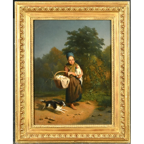 237 - 19th Century European School. A Farm Girl with a Chicken and a Dog, Oil on panel, Indistinctly Signe... 