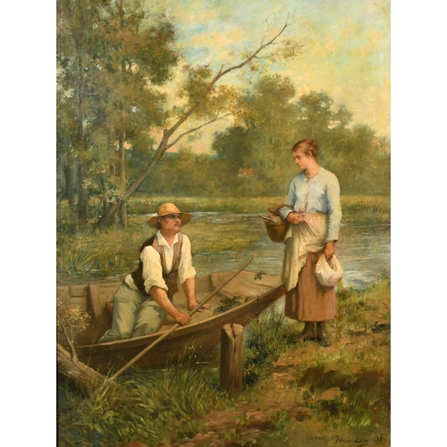 239 - Francois Lafon (1846-c.1920) French. A Couple in Conversation at the Water's Edge, Oil on canvas, Si... 