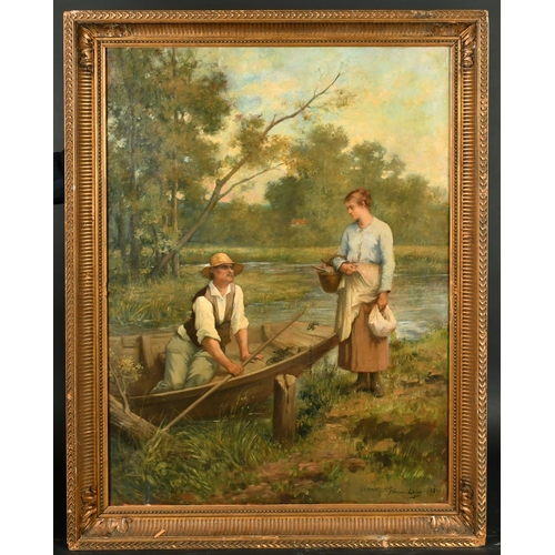 239 - Francois Lafon (1846-c.1920) French. A Couple in Conversation at the Water's Edge, Oil on canvas, Si... 