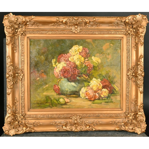 243 - Georges Jeannin (1841-1925) French. Still Life of Roses in a Green Vase, Oil on panel, Signed, 14.5