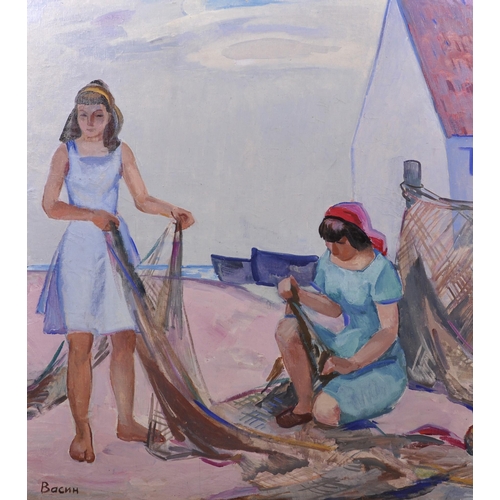 270 - Viktor Fedorovitch Vassine (1919-1997) Russian. “Fishing Nets”, Two Ladies working on the Nets, Oil ... 