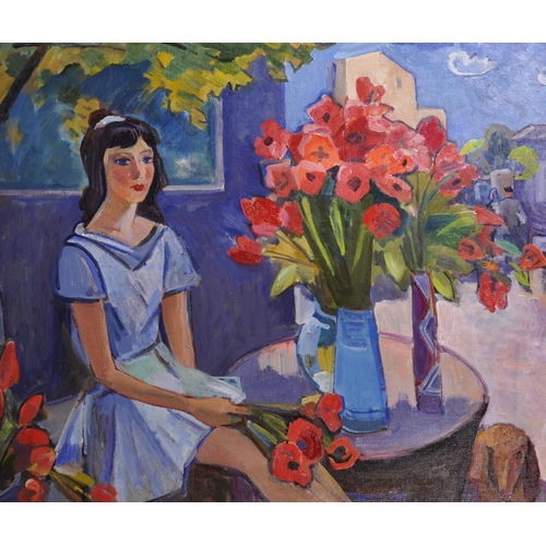 271 - Viktor Fedorovitch Vassine (1919-1997) Russian. “Young Girl with Red Flowers”, Oil on Canvas, Signed... 