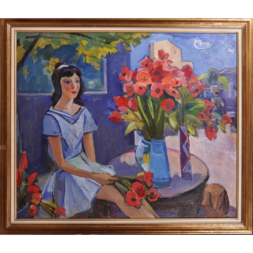 271 - Viktor Fedorovitch Vassine (1919-1997) Russian. “Young Girl with Red Flowers”, Oil on Canvas, Signed... 