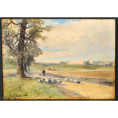 311 - Hugh Berry Scott (1854-1940) British. Shepherd and Flock, Oil on board, Signed, Unframed 11