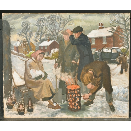 312 - Beatrice Ivy Rosewarne (?-1923) British. Figures by a Brazier in a Snowy Street Scene, Oil Sketch on... 