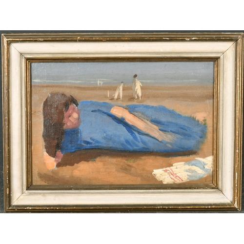 314 - Derwent Lees (1885-1931) British. A Lady Reclining on a Beach with Figures playing Cricket, Oil on c... 