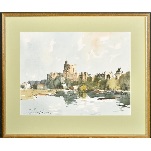 352 - Edward Wesson (1910-1983) British. Windsor Castle from The Thames, Watercolour on a Print base, Sign... 