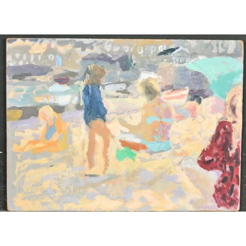 369 - John Harvey (1935-    ) British. Figures on a Beach, Oil on board, Studio Stamp verso, Unframed 11.7... 