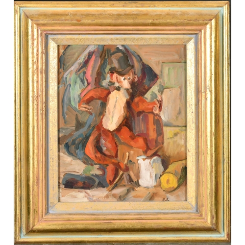 381 - 20th Century English School. Study of a Toy Monkey, Oil on board, Signed with Initials 'E.S', 13