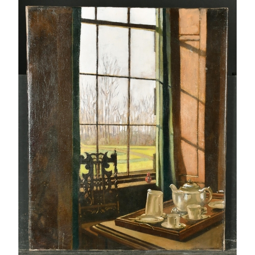 383 - 20th Century English School. An Interior Scene with a Tea Service by a Window, Oil on canvas, Unfram... 