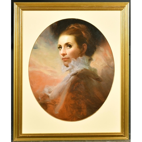 384 - John R Townsend (1930-2013) British. Bust Portrait of a Lady, Oil on canvas, Signed, Painted Oval, 2... 