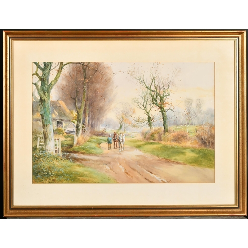 74 - Henry Charles Fox (1855-1929) British. A Country Lane with a Man and Horses, Watercolour, Signed, 14... 