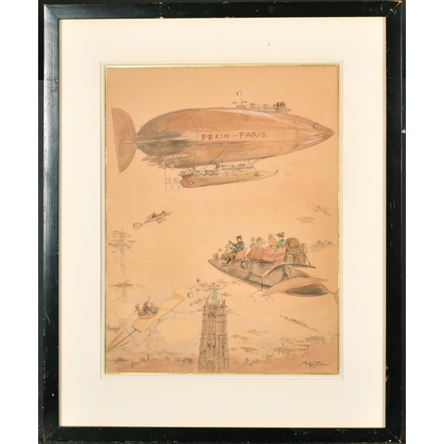 198 - Albert Robida (1848-1926) French. Parisian Modes of Aviation, Watercolour and Ink, Signed, 16