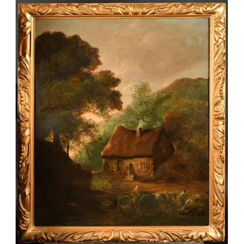 134 - 19th Century English School. Figures with a Horse and Cart by a Cottage, Oil on canvas, 30