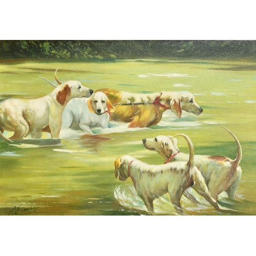 154 - 20th Century European School. Hunting Hounds in the Water, Oil on board, Indistinctly signed, 20