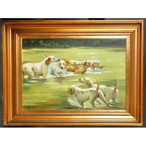 154 - 20th Century European School. Hunting Hounds in the Water, Oil on board, Indistinctly signed, 20