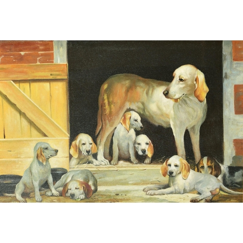 155 - 20th Century European School. Dogs in a Kennel, Oil on board, Indistinctly signed, 20