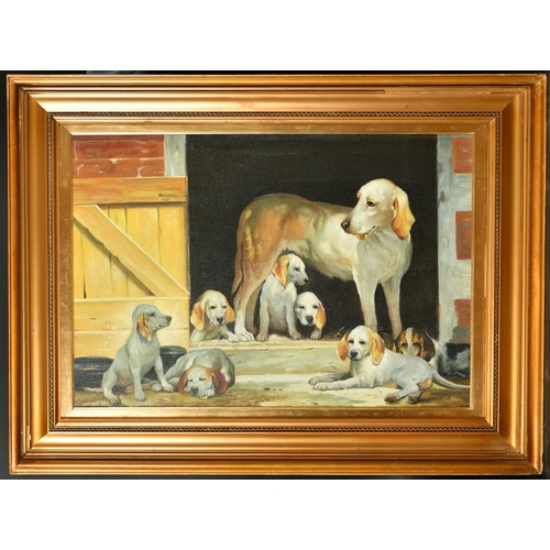 155 - 20th Century European School. Dogs in a Kennel, Oil on board, Indistinctly signed, 20