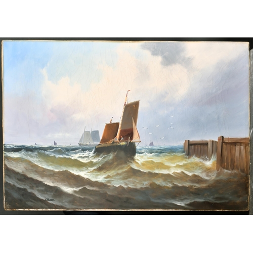 183 - F. Walters (19th-20th Century) British. A Boat in Choppy Waters Entering Harbour, Oil on canvas, Sig... 