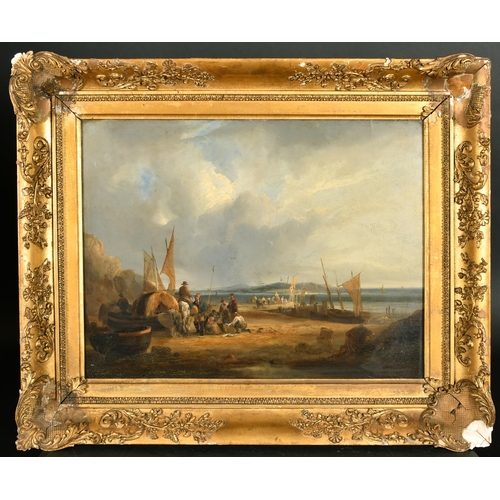 186 - 19th Century English School. A Beach Scene with Figures and Boats, Oil on board, 14