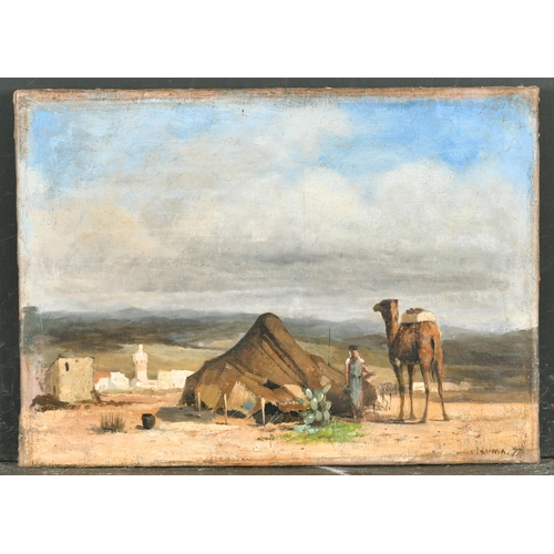 212 - 19th Century French School. An Oasis with a Figure and Camel, Oil on canvas, Inscribed 'Numa' and da... 