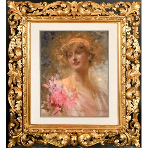 232 - Alois Hans Schram (1864-1919) Austrian. A Young Beauty with Flowers, Oil on board, Signed, with a la... 