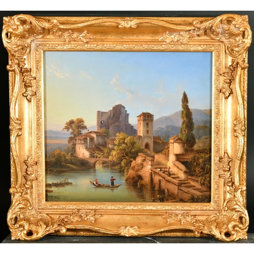 235 - Heinrich Karl Jackel (1824-1876) German. A Lakeside Castle in a Mountainous Landscape with Figures i... 