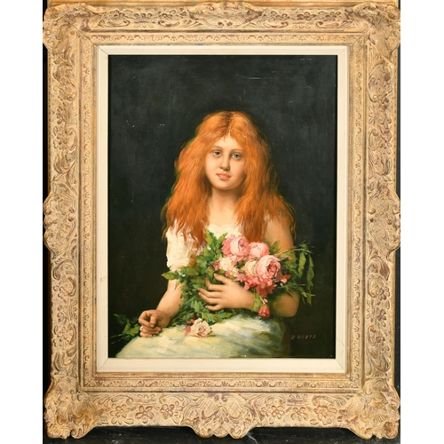 239 - D. Goetz (20th Century) European. Young Girl holding a Bunch of Flowers, Oil on panel, 16